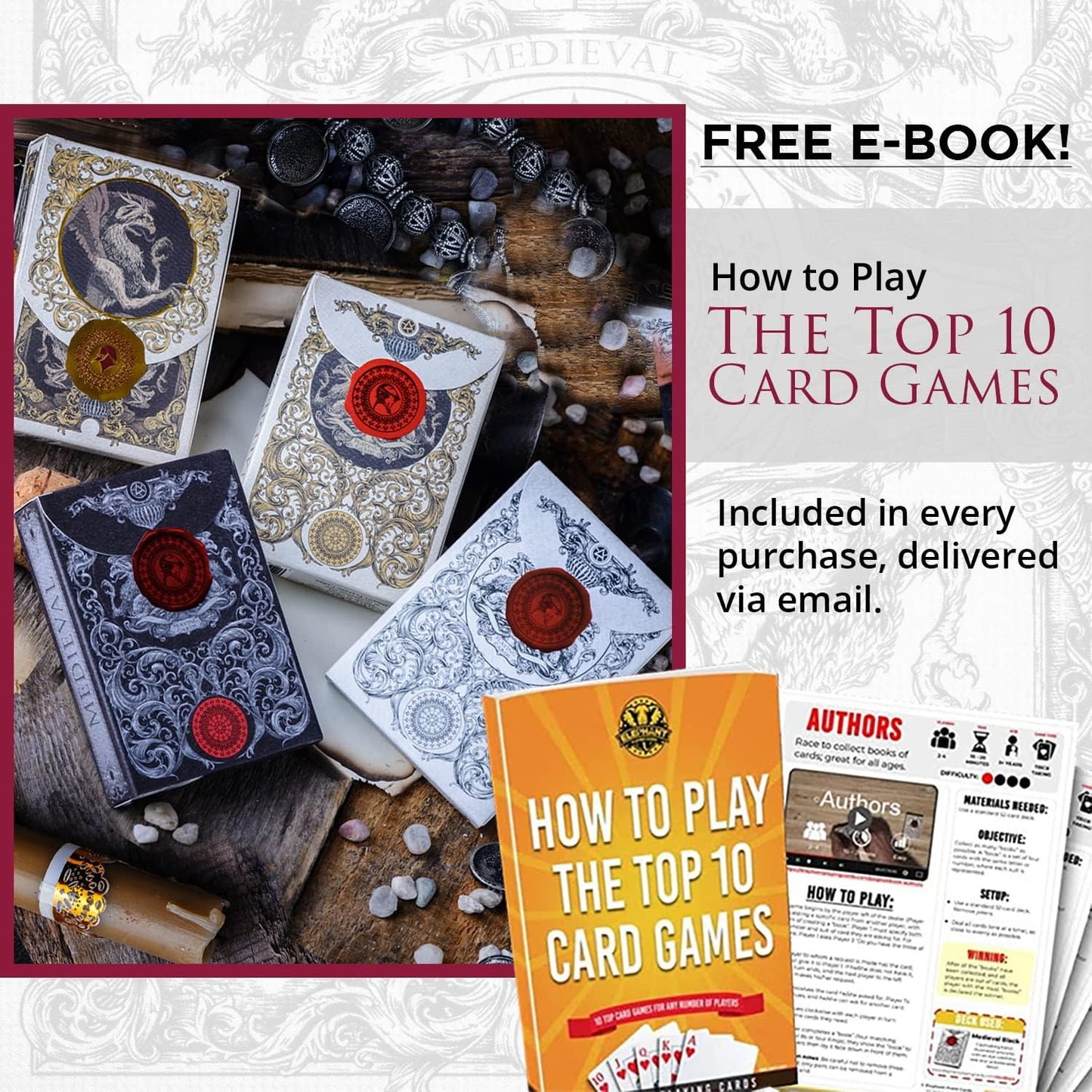 Medieval Playing Cards with Unique Seal and Free Card Game Ebook, Stand Out with Cool Poker Cards, Black Deck of Playing Cards, Unique Illustrated Designs for Kids & Adults, Playing Card Decks